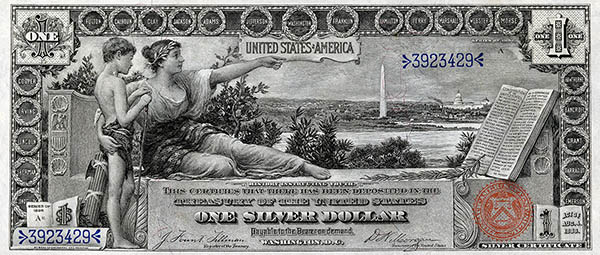 Front of a $1 silver certificate series of 1896. Front of a $1 silver certificate series of 1896.